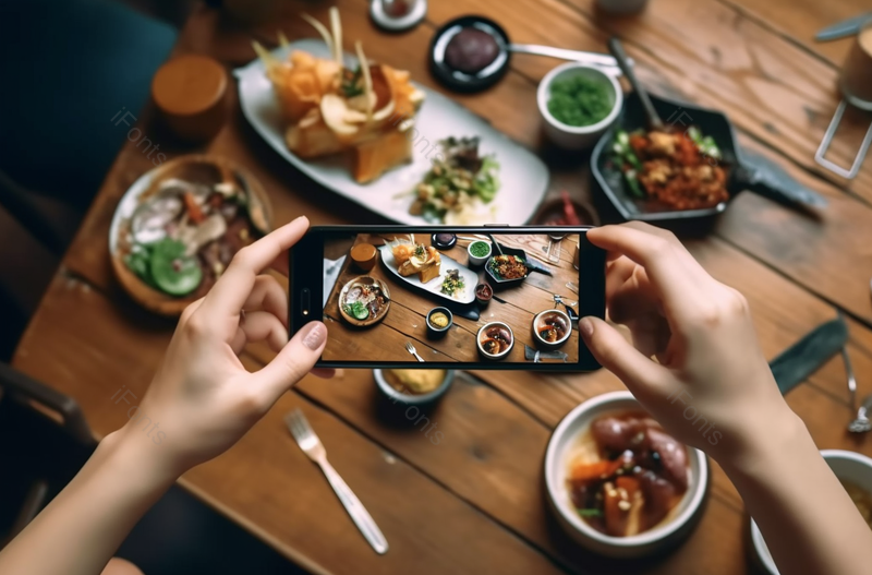 一名女子在美食大厅用餐前用智能手机拍下了世界各地的各种美食国际美食和饮食文化外出就餐生活方式照相机先吃第一文化图像摄影,高清,摄影图,摄影图片,图片大全,摄影图免费下载